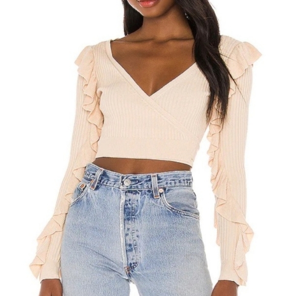 Revolve Tularosa Ruffled Sleeve Wrap Sweater Beige Size Medium - Picture 1 of 7